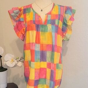 BiBi Ruffled Pink and Yellow Blouse with Flutter Sleeves